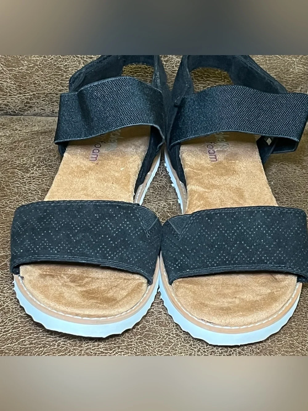 Skechers Sandals Womens 9 Desert Kiss Ankle Strap Black Stretch Wedge 56195S ***